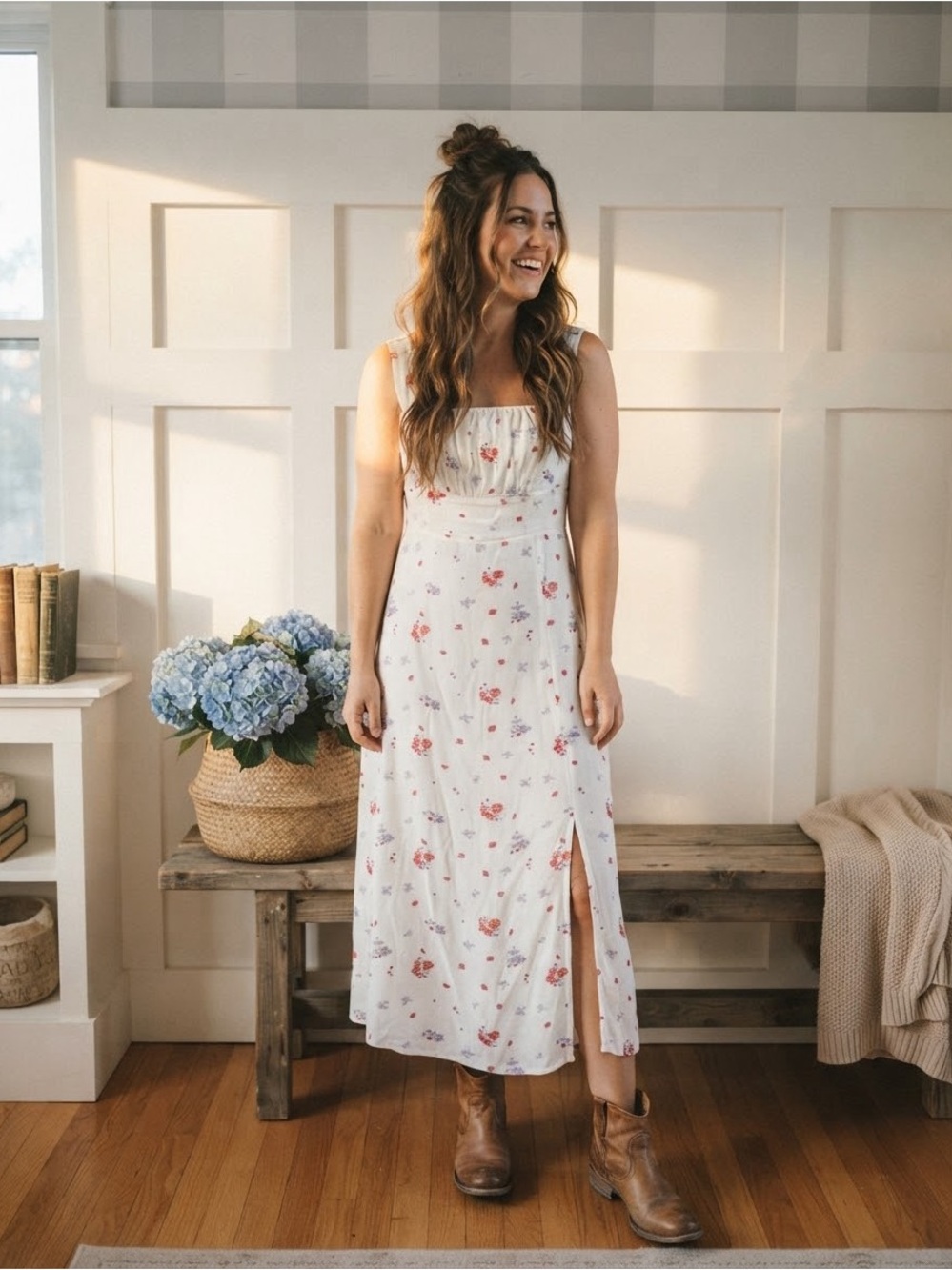 Mango Cream Midi Dress with Pink‎ & Lavender Floral Print 2